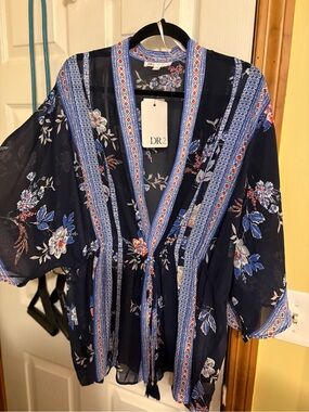DR2 Navy Floral Border-Print Kimono